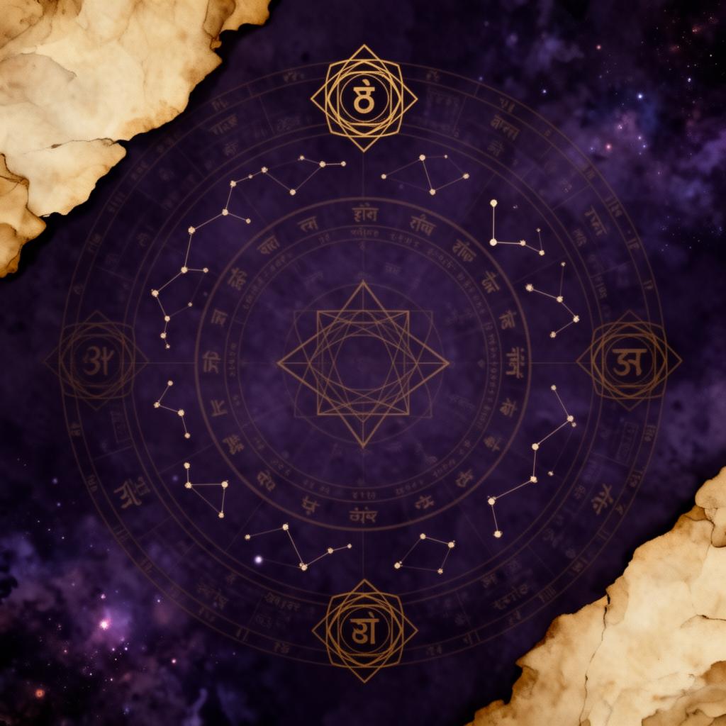 A rendered birth chart against a deep sky