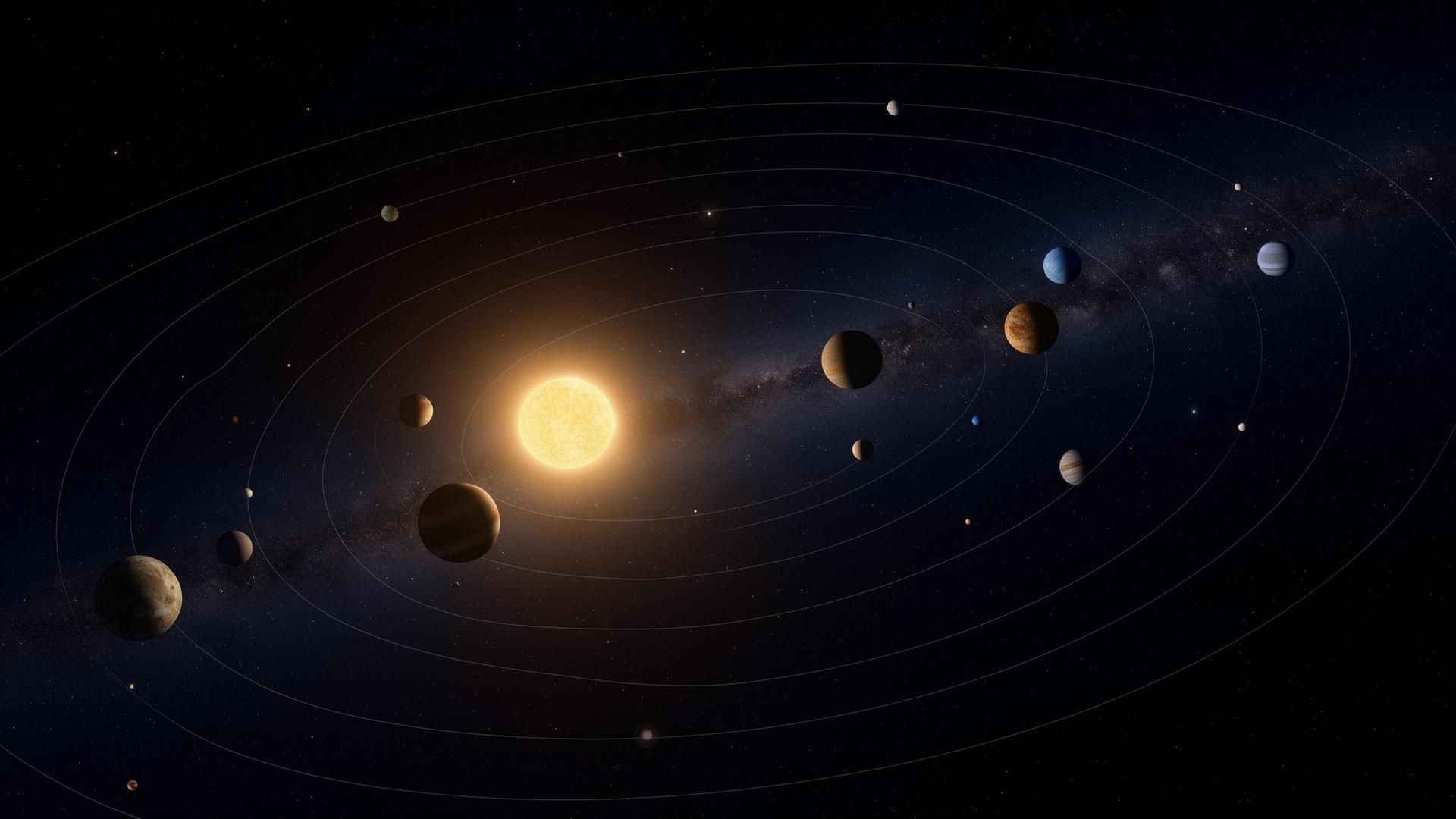 Planets arranged across a dark expanse