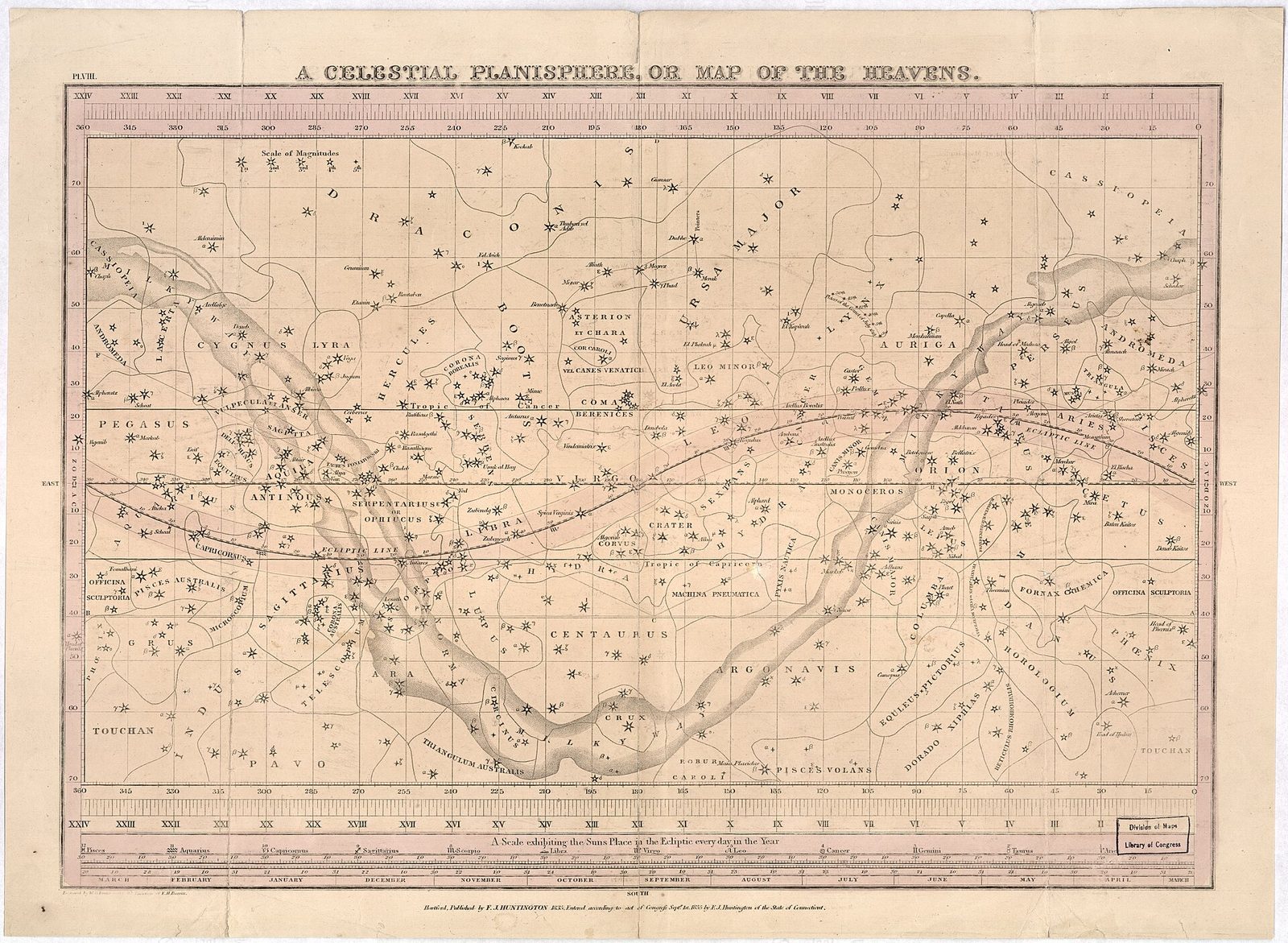 A hand-coloured celestial planisphere charting the heavens